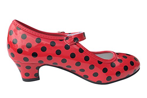 Zapatos de Gitana Rojos con Lunares Negros Suela de Goma & Gran Sujeción Talla 24 a 42 Zapatos de Tacón para Sevillanas y Clases de Baile LA SEÑORITA Zapatos de Flamenco para Niña y Mujer 